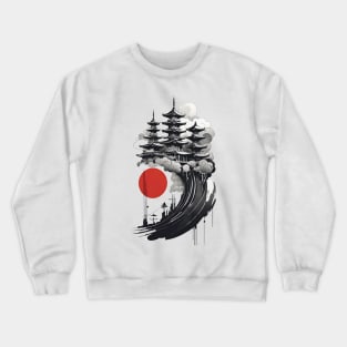 Japanese Castle Rising Over Waves Crewneck Sweatshirt